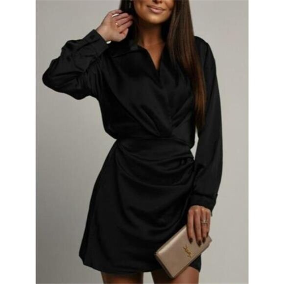 A Classy Chic Boutique Other - Collared Neck Long Sleeve Satin Dress